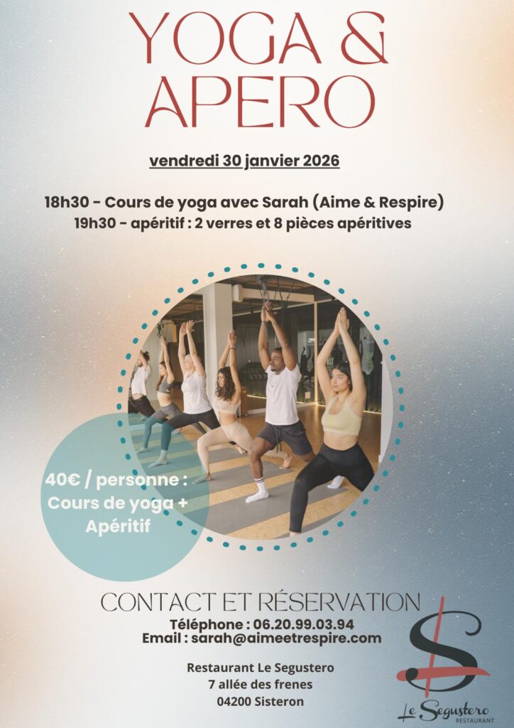 évènement yoga et apéro avec Sarah Aime et Respire au restaurant le Segustero à Sisteron